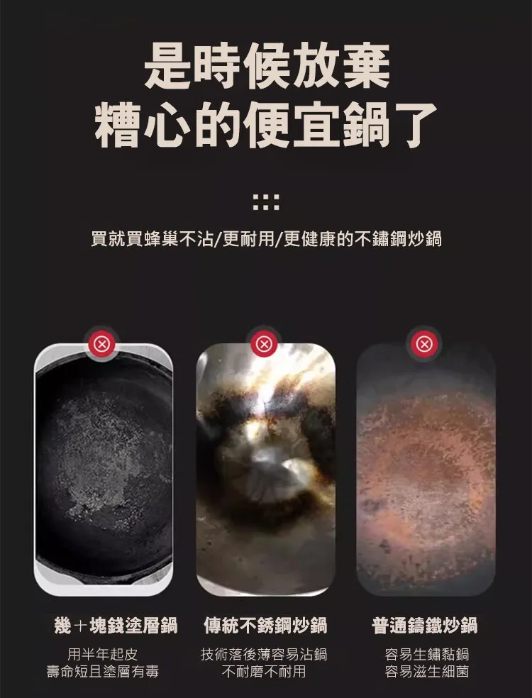 【316不銹鋼雙面屏蜂窩無塗層不沾鍋】正品保障!本土出貨無塗層,不沾鍋蜂巢設計高效聚能,不粘鍋、不生鏽、耐刮耐用,高品質,一鍋能用七八年! - 2